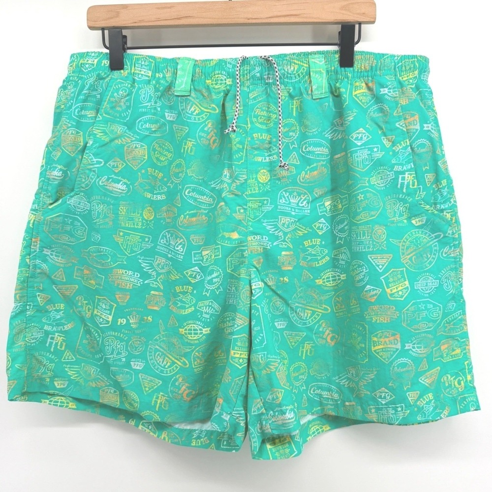 Columbia PFG Shorts Mens L Green All Over Print Fishing Performance Outdoorsy